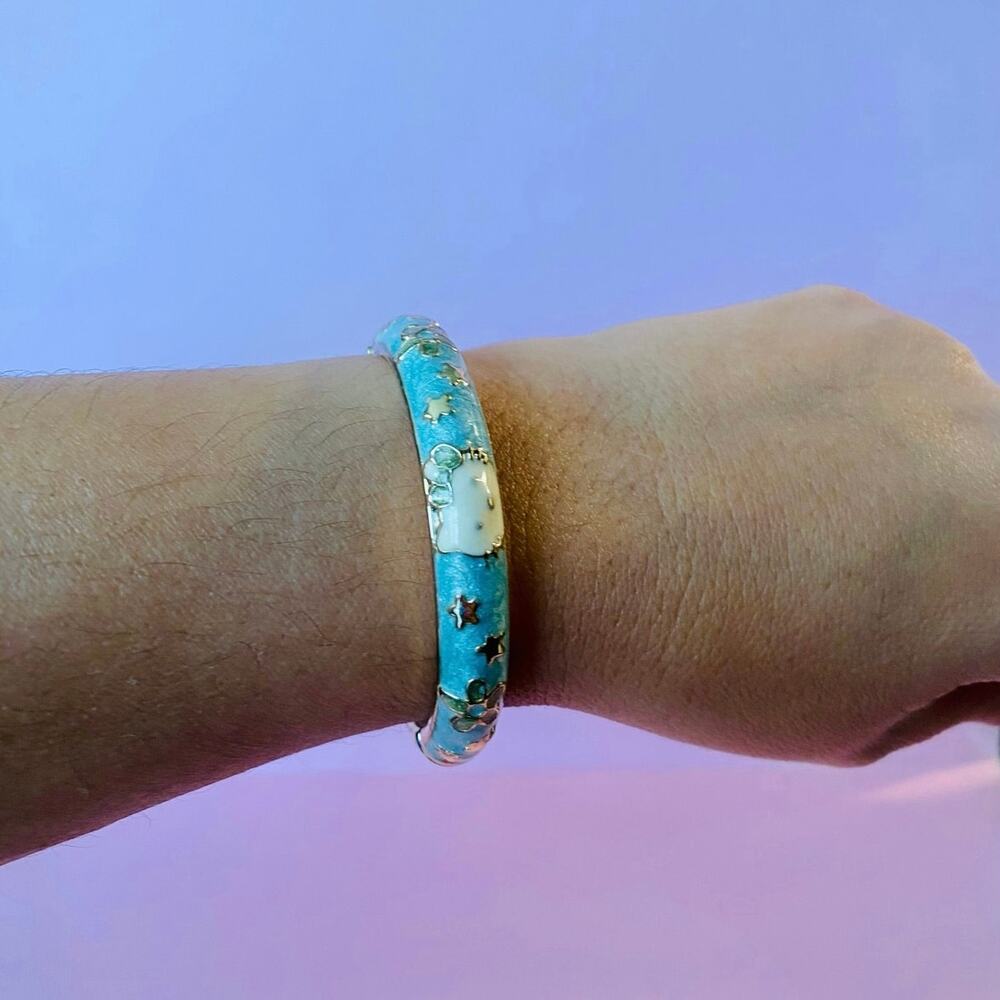 Vintage Green Enamel Kitty Cloisonné Bangle Size 5
